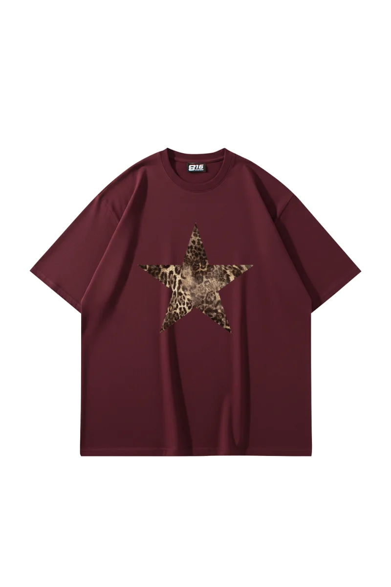 Starz Leopar Baskılı 24/1 Oversize Unisex Bordo Tshirt