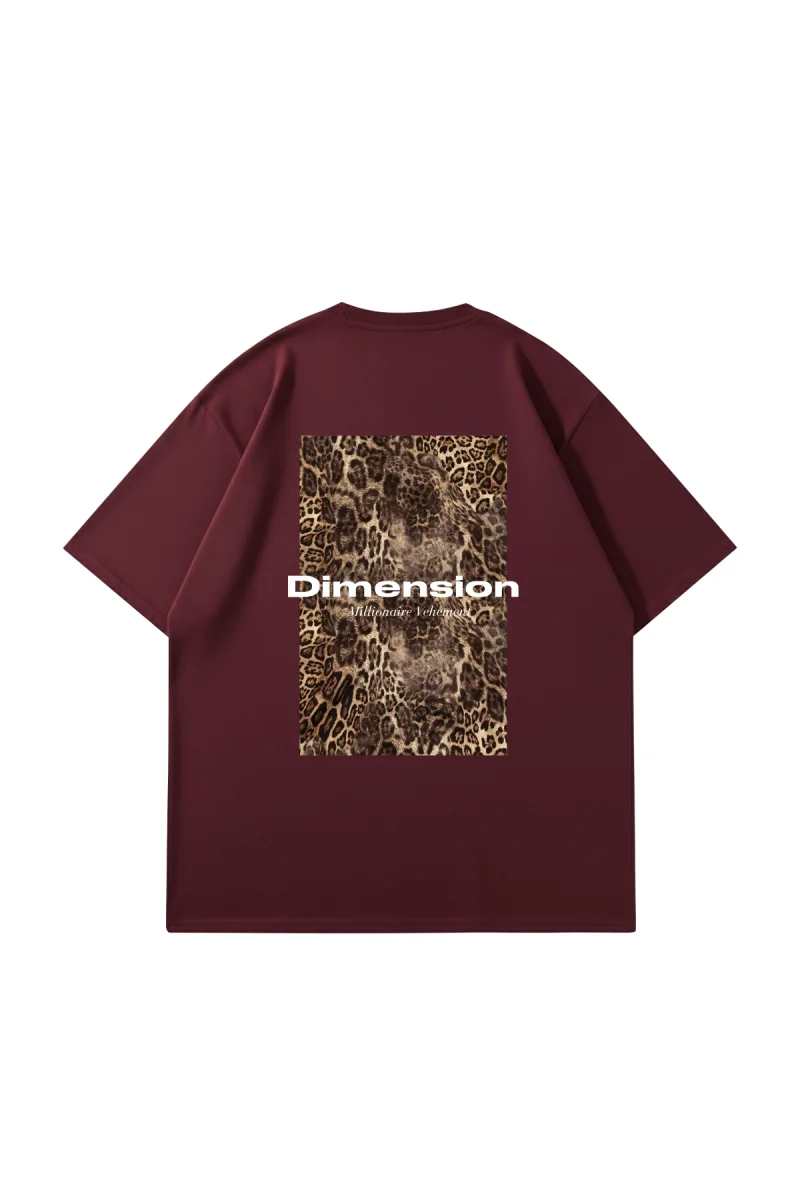 Dİmension Baskılı Leopar Desenli 24/1 Oversize Unisex Bordo Tshirt