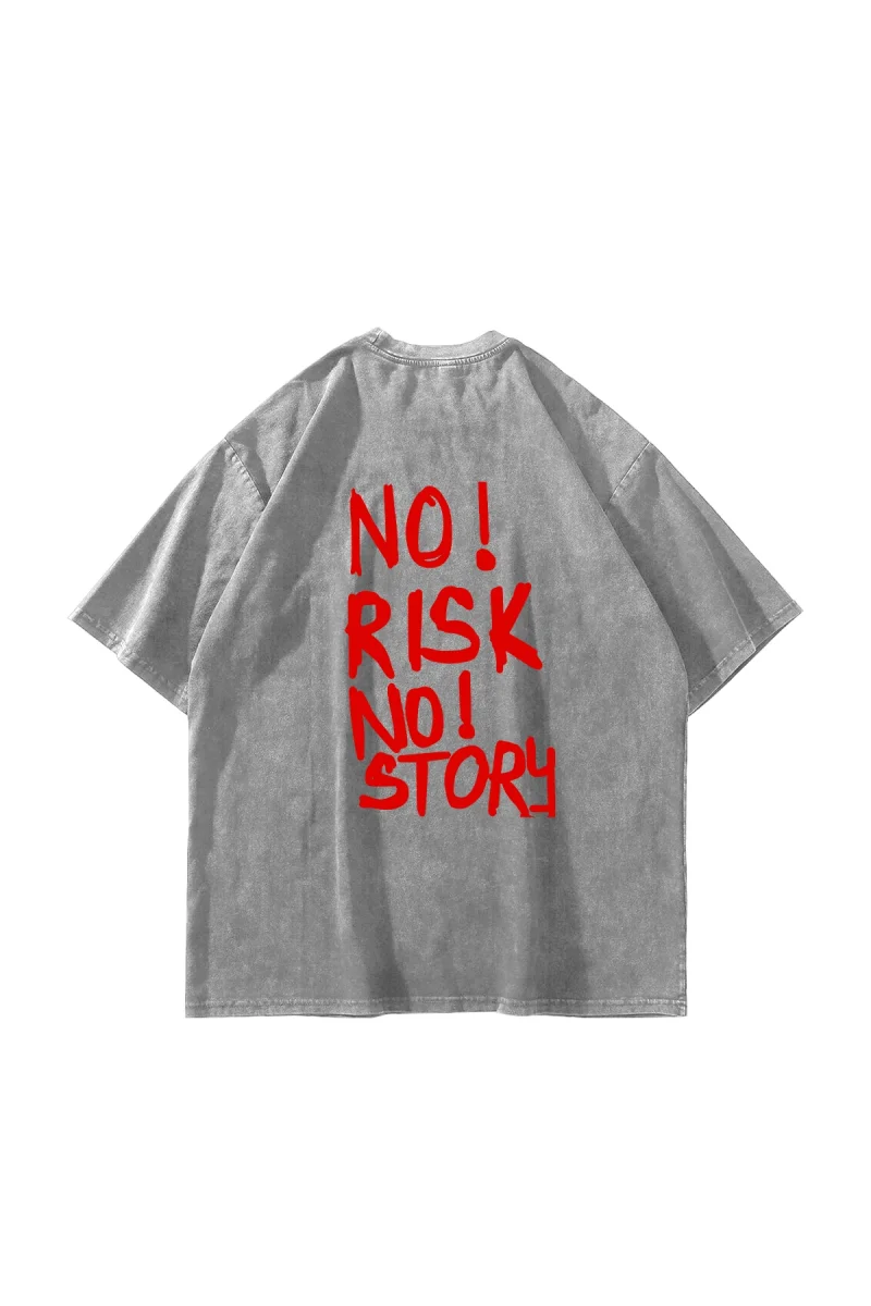 No Risk No Story Baskılı Oversize Unisex Yıkamalı Beyaz Tshirt