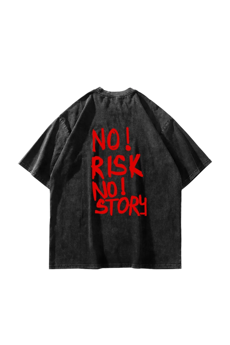 No Risk No Story Baskılı Oversize Unisex Yıkamalı Siyah Tshirt