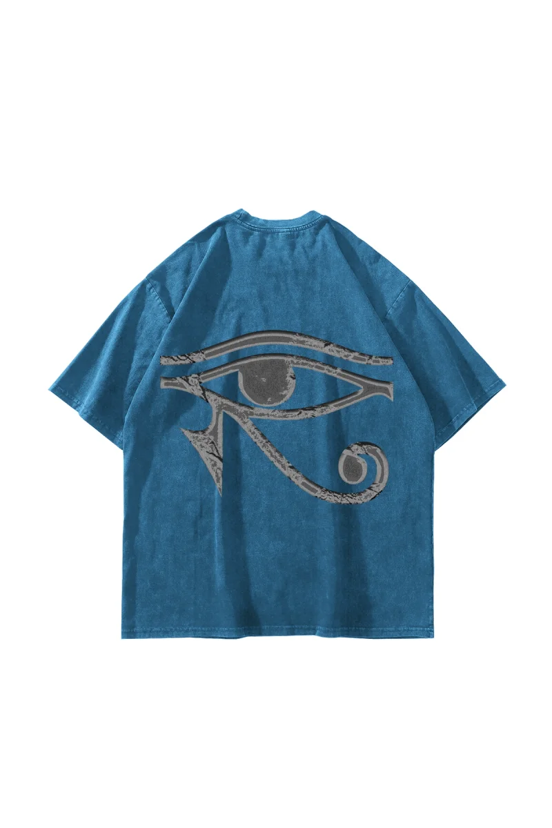Eye Of Horus Baskılı Oversize Unisex Yıkamalı Mavi Tshirt