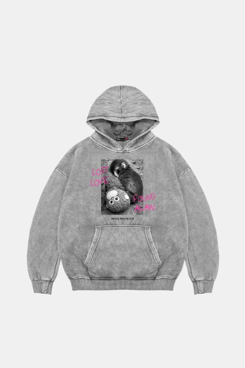 Love Lost Baskılı Oversize Unisex Yıkamalı Beyaz Hoodie