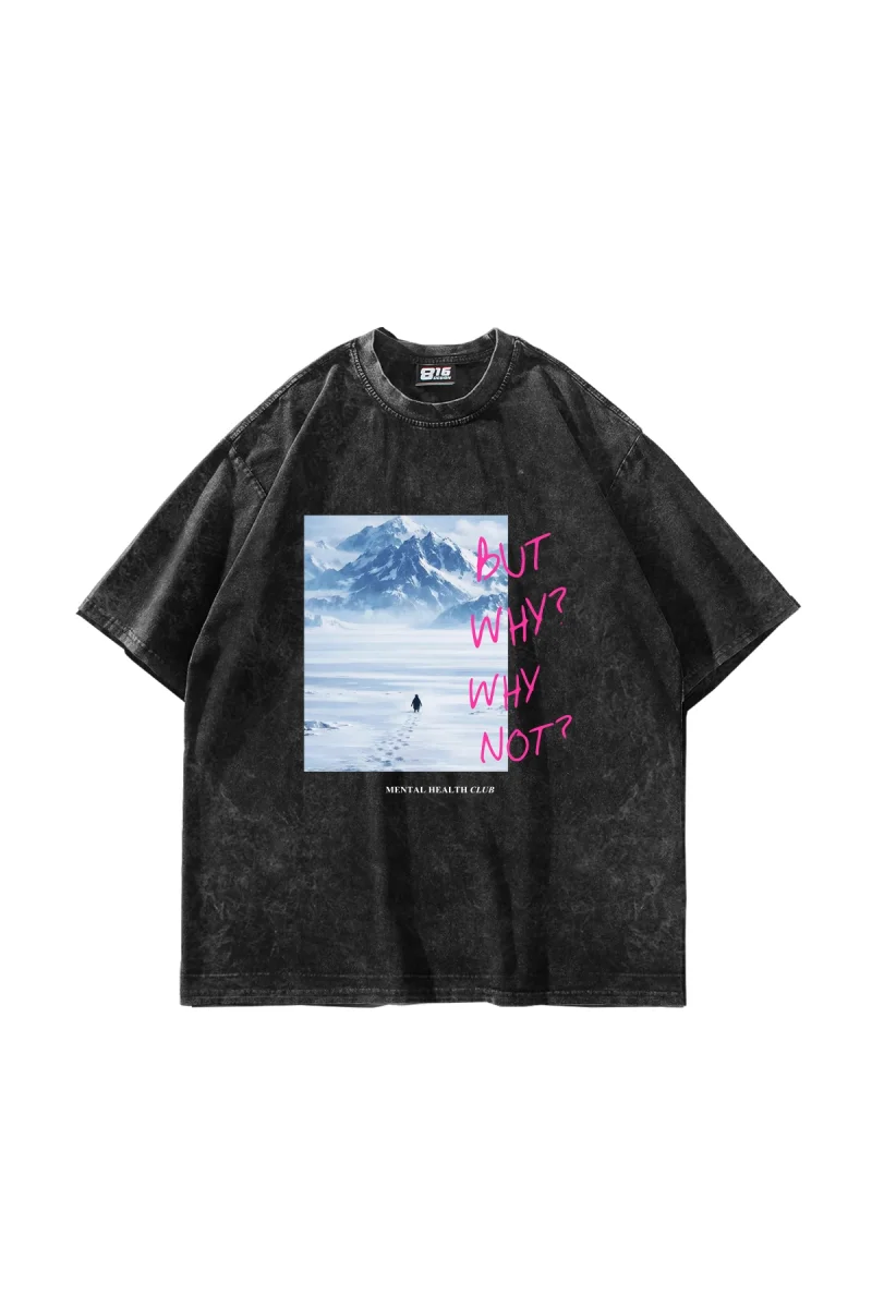 But Why Baskılı Oversize Unisex Yıkamalı Siyah Tshirt
