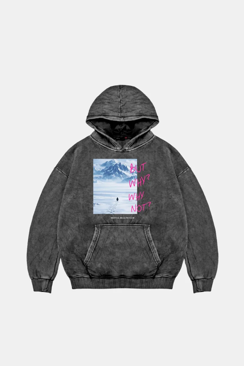 But Why Baskılı Oversize Unisex Yıkamalı Siyah Hoodie