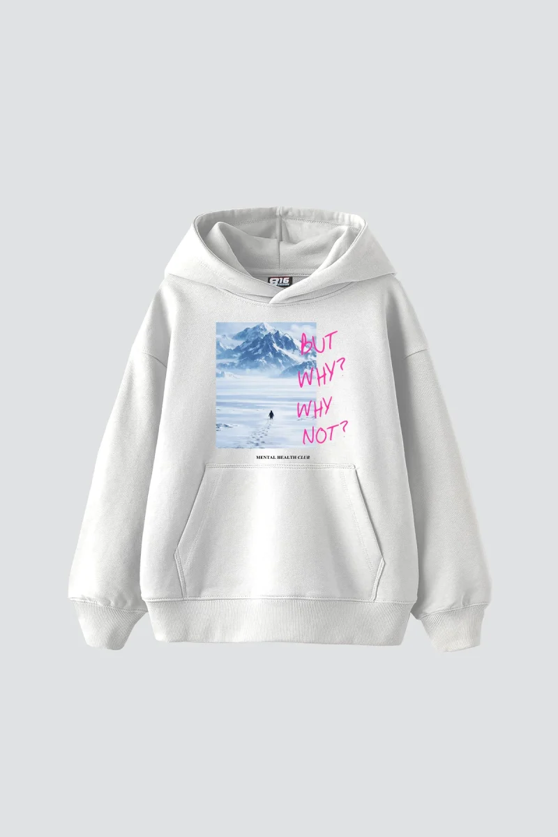 But Why Baskılı Oversize Unisex Beyaz Hoodie