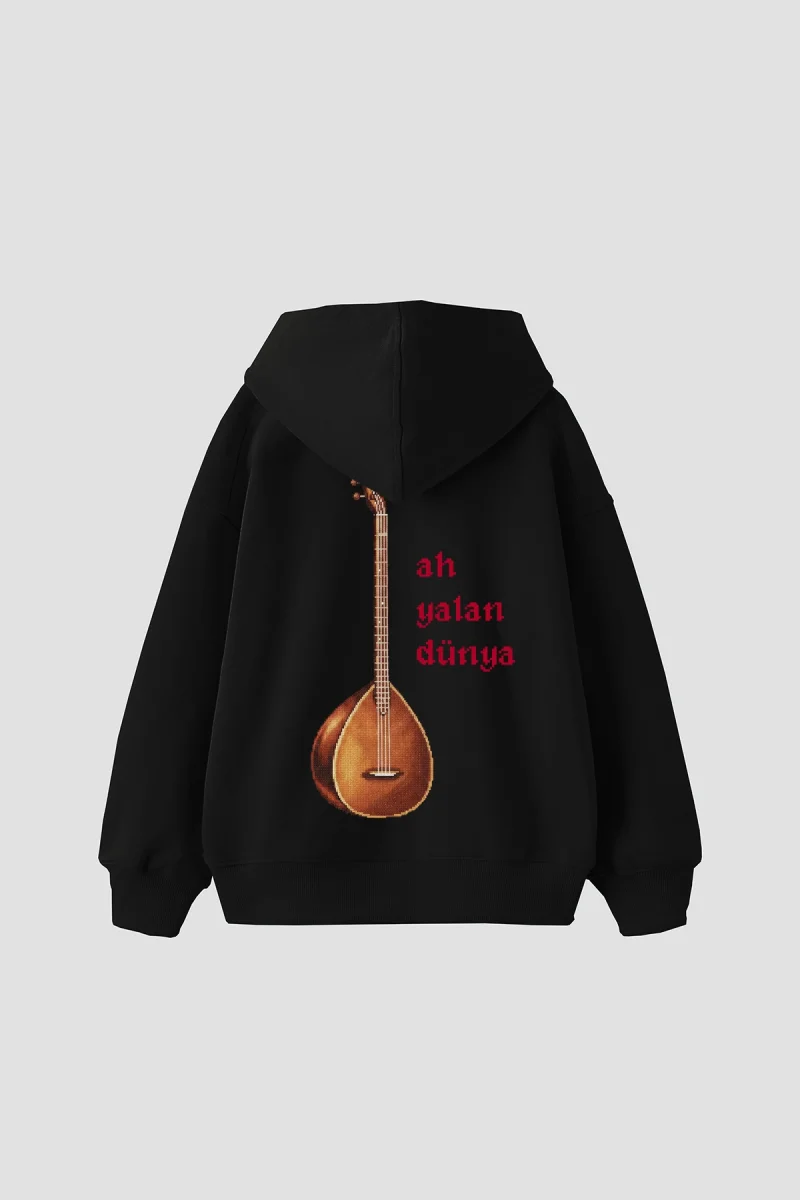 Ah Yalan Dünya Baskılı Oversize Unisex Siyah Hoodie
