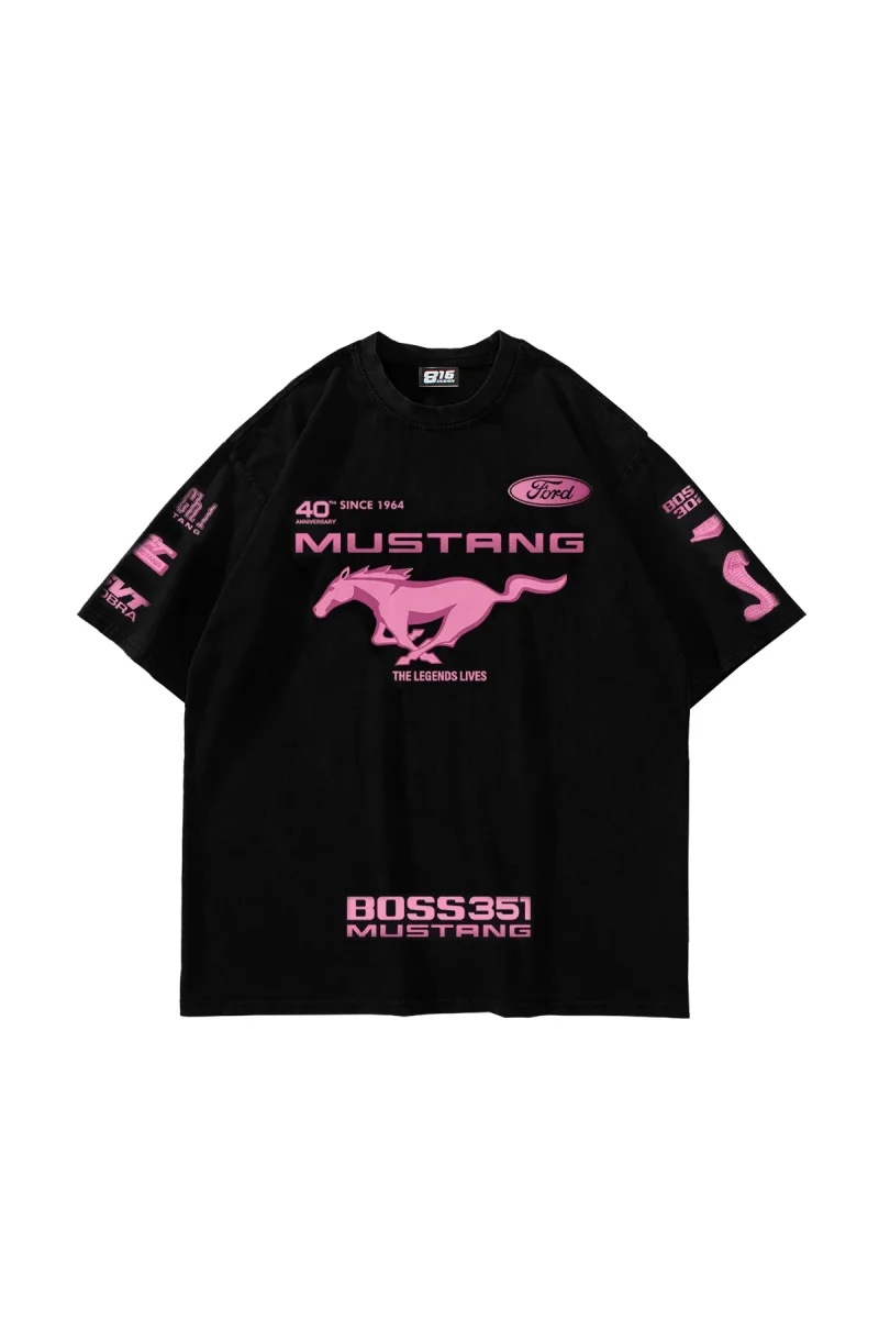 Mstng Baskılı Racing Oversize Unisex Siyah Tshirt