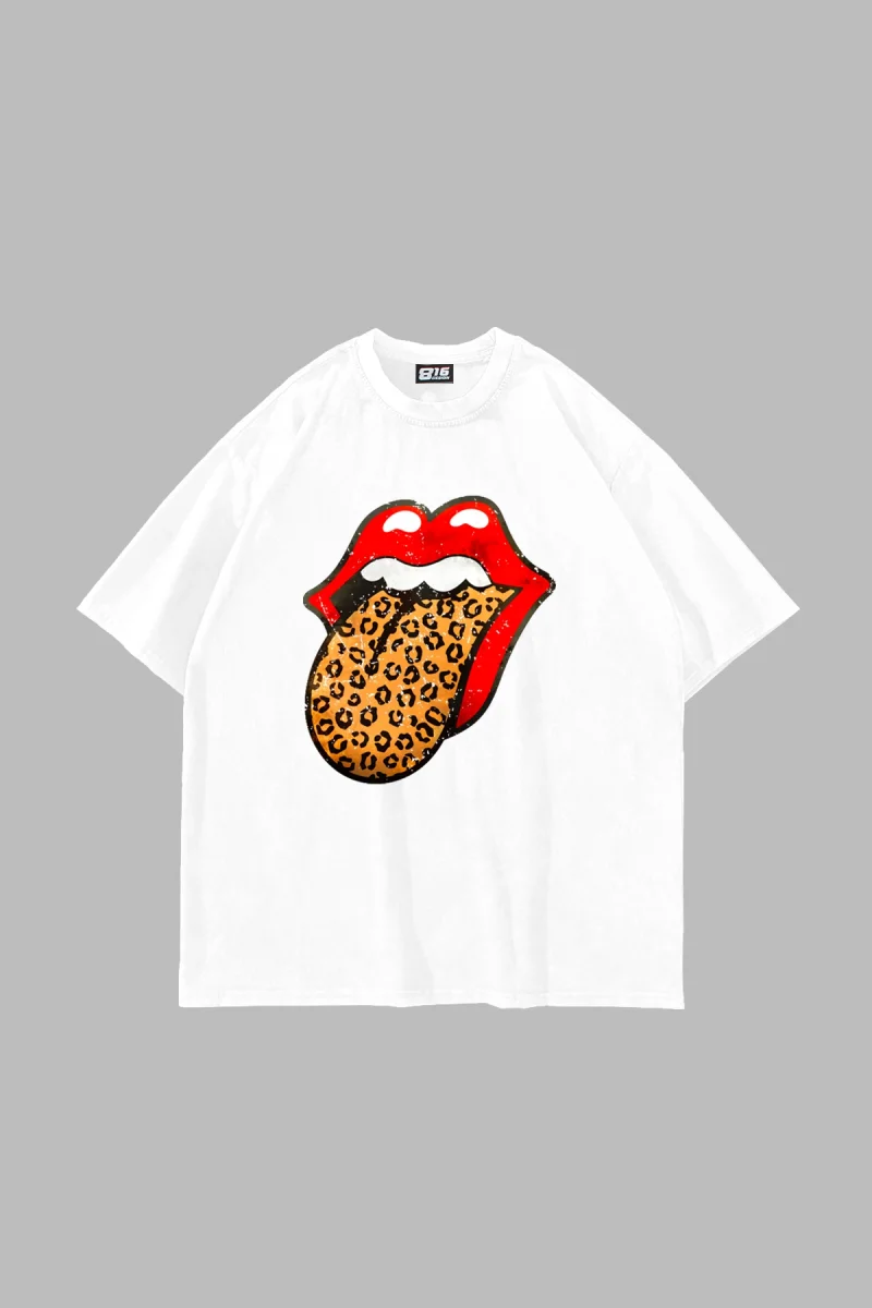 Rolling Stones Leopar Baskılı Oversize Unisex Premium Beyaz Tshirt