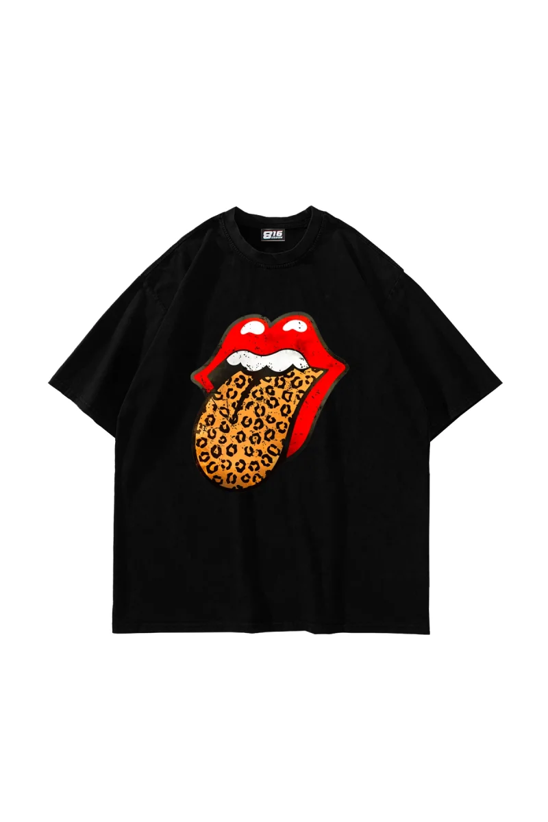 Rolling Stones Leopar Baskılı Oversize Unisex Premium Siyah Tshirt