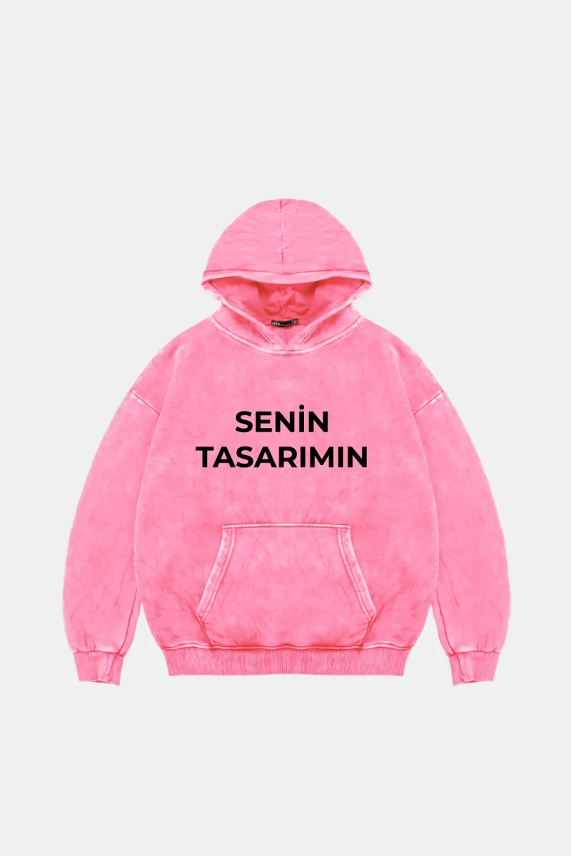 Özel Tasarım Basic Oversize Unisex Yıkamalı Pembe Hoodie