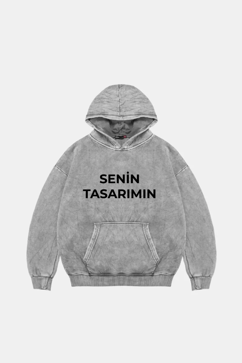 Özel Tasarım Yıkamalı Beyaz Basic Oversize Unisex Hoodie