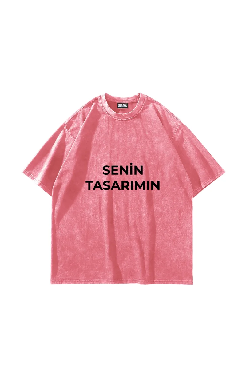 Özel Tasarım Yıkamalı Pembe Basic Oversize Unisex Tshirt