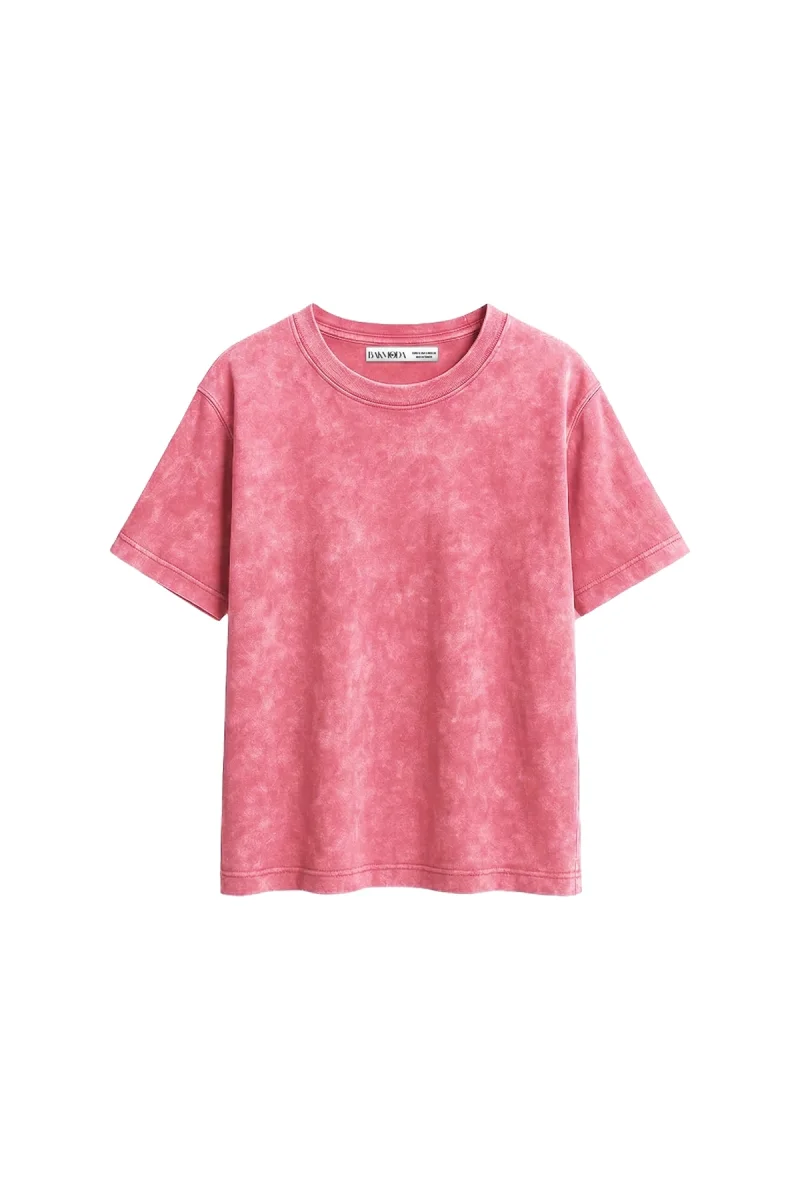 Basic Relaxed Fit Yıkamalı Pembe Kadın Tshirt