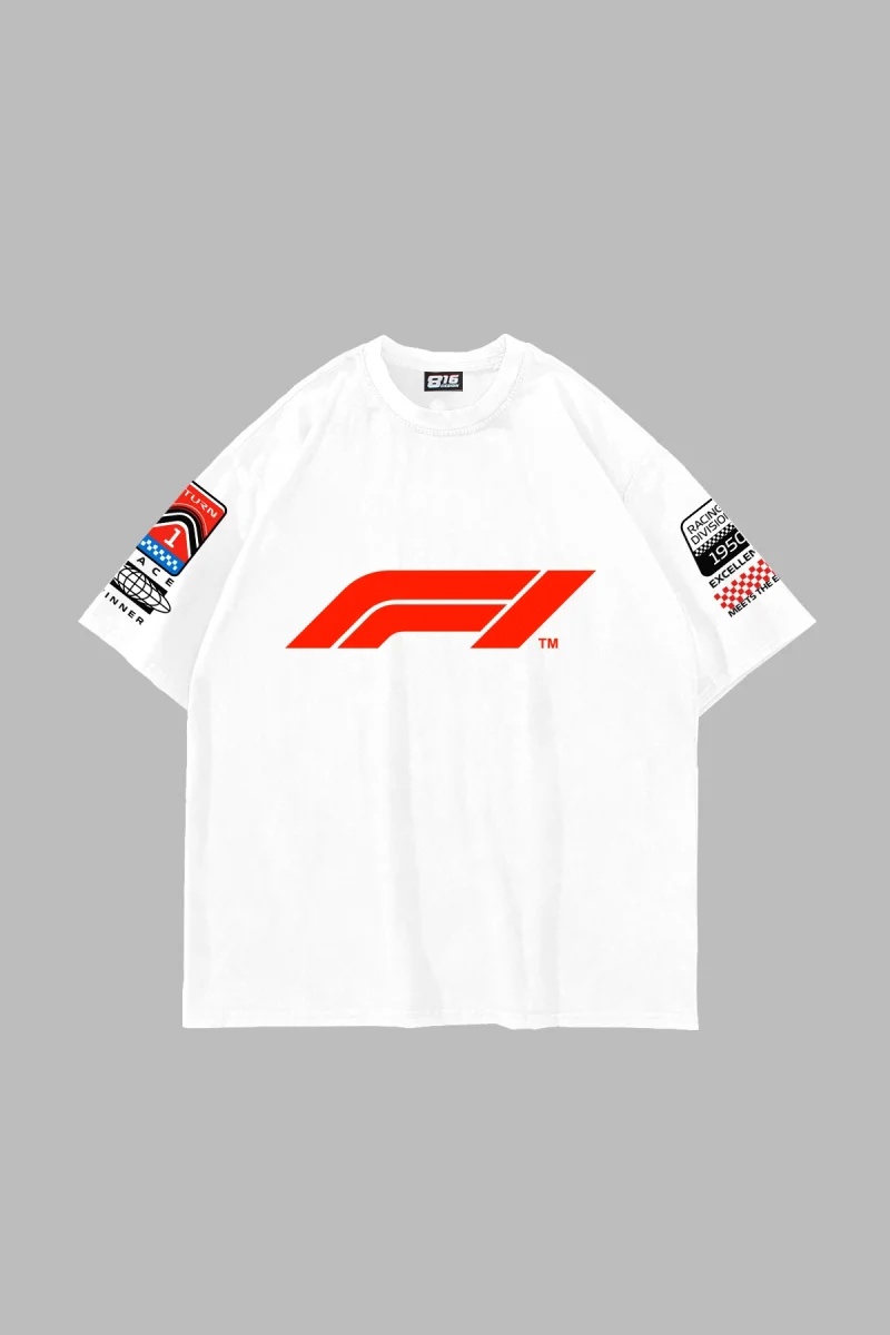 Race Baskılı Oversize Unisex Beyaz Tshirt