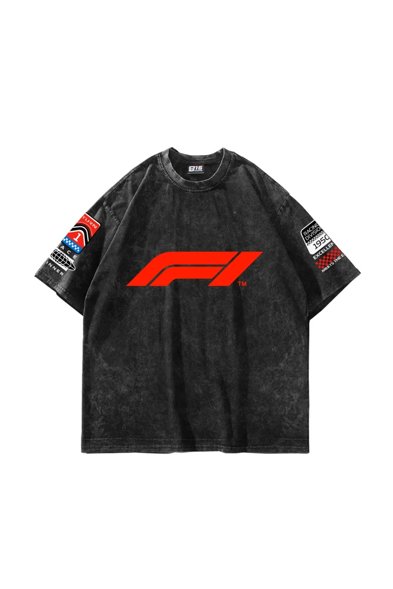 Race Baskılı Oversize Unisex Yıkamalı Siyah Tshirt