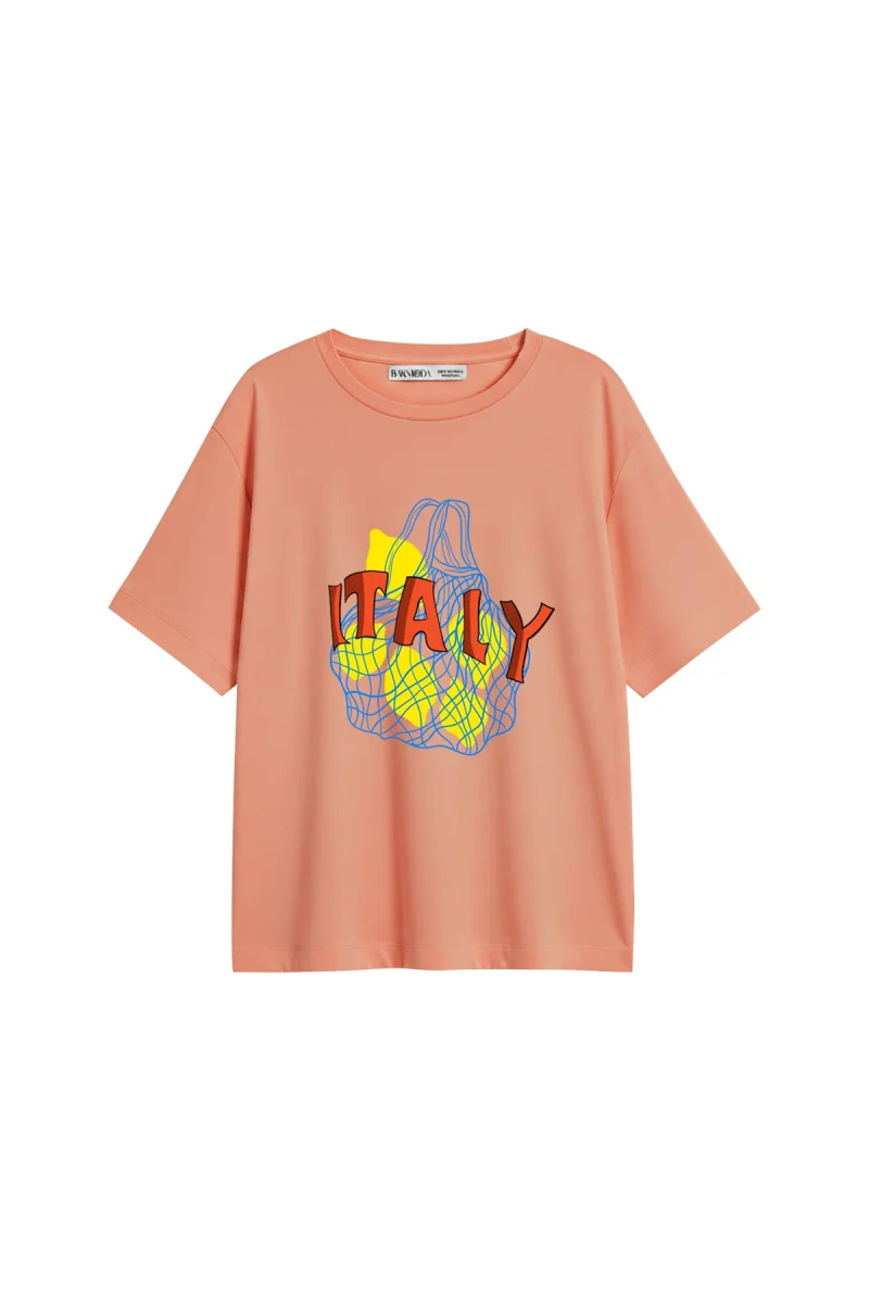 İtaly Lemon Baskılı Relaxed Fit Yavruağzı Kadın Tshirt