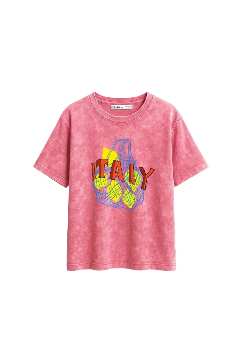 Italy Lemon Baskılı Relaxed Fit Yıkamalı Pembe Kadın Tshirt