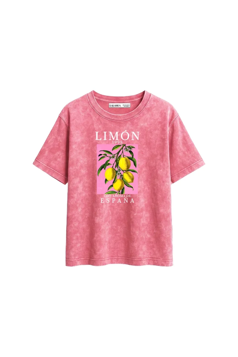 Lemon Baskılı Relaxed Fit Yıkamalı Pembe Kadın Tshirt