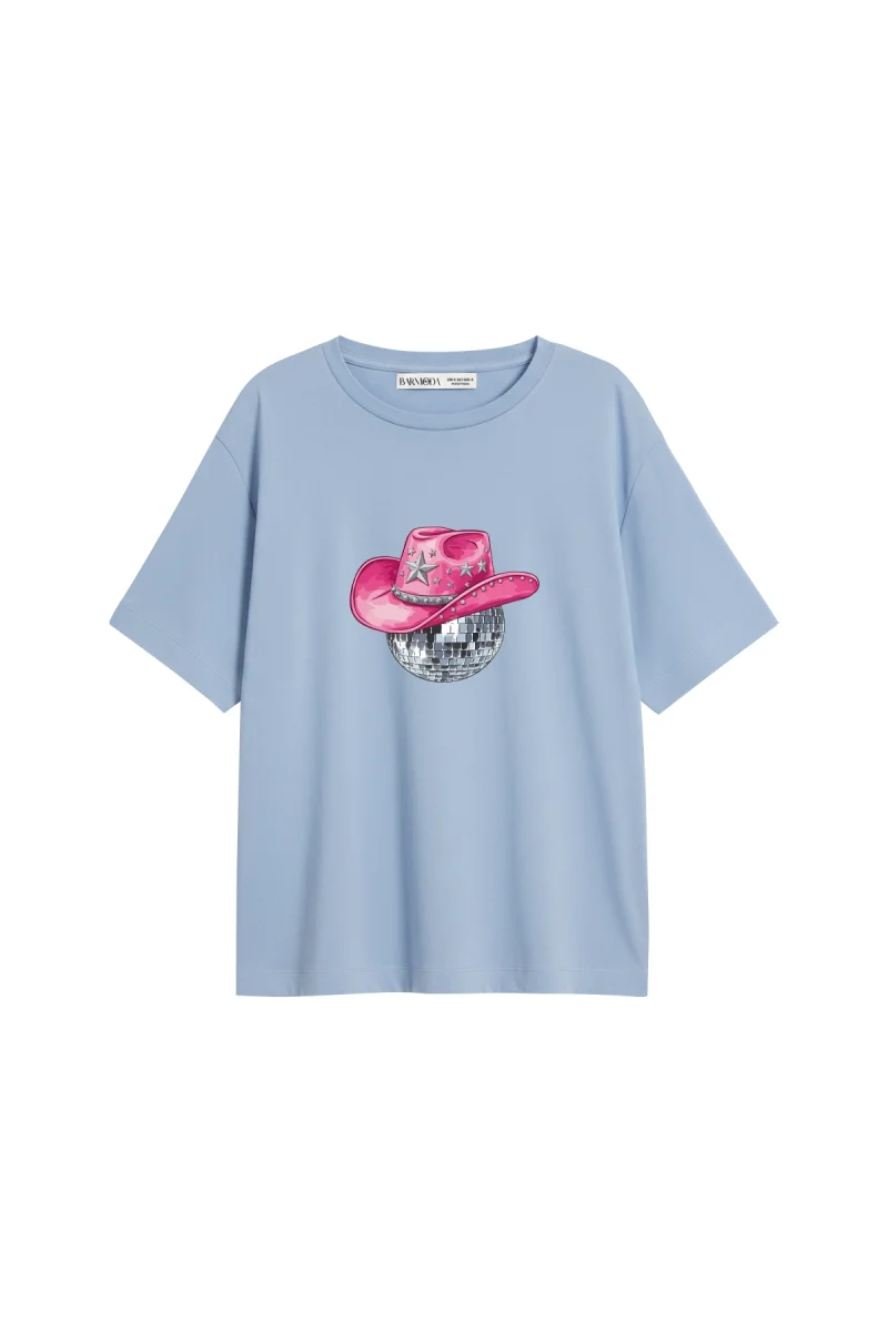 Cow Girl Baskılı Relaxed Fit Bebe Mavisi Kadın Tshirt