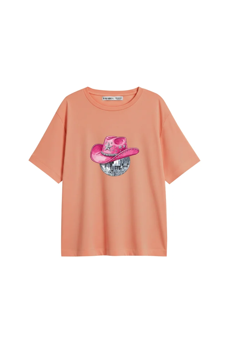 Cow Girl Baskılı Relaxed Fit Yavruağzı Kadın Tshirt
