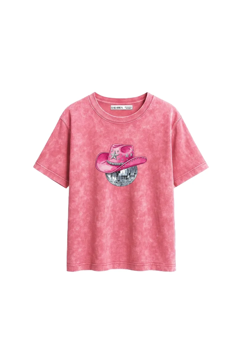 Cow Girl Baskılı Relaxed Fit Yıkamalı Pembe Kadın Tshirt