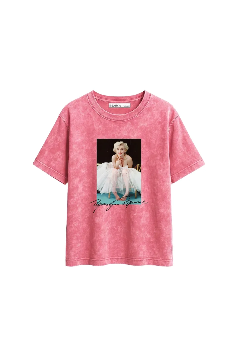 Marilyn Monroes Beauty Baskılı Relaxed Fit Yıkamalı Pembe Kadın Tshirt