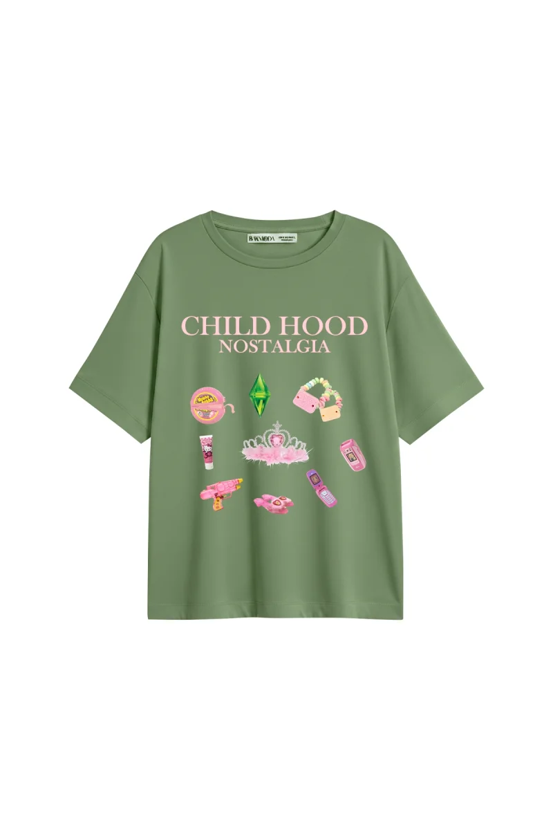 Childhood Nostalgia Baskılı Relaxed Fit Yeşil Kadın Tshirt