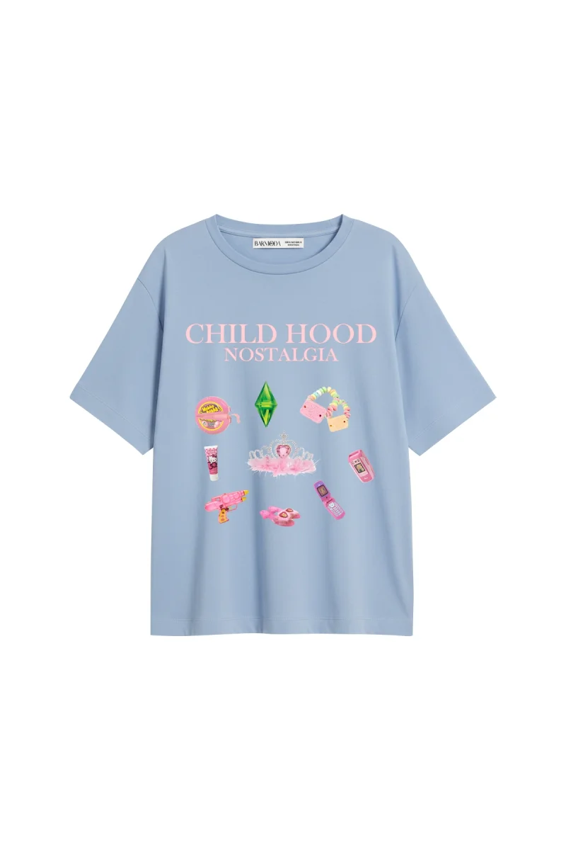 Childhood Nostalgia Baskılı Relaxed Fit Bebe Mavisi Kadın Tshirt