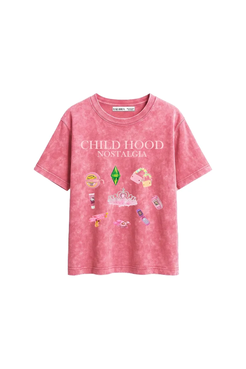 Childhood Nostalgia Baskılı Relaxed Fit Yıkamalı Pembe Kadın Tshirt