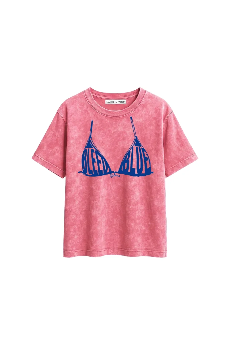 Bleed Blue Baskılı Relaxed Fit Yıkamalı Pembe Kadın Tshirt