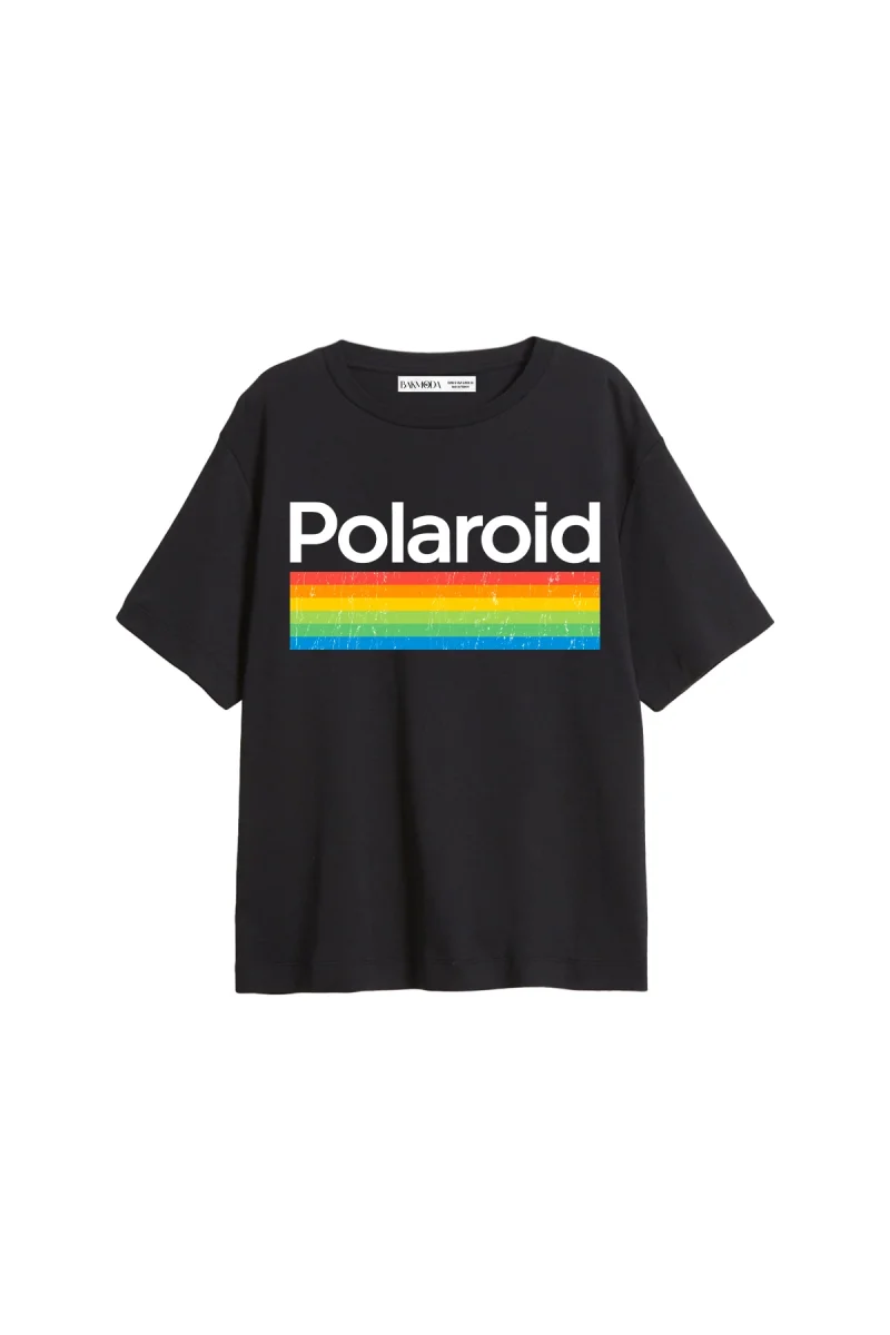 Polaroid Baskılı Relaxed Fit Siyah Kadın Tshirt
