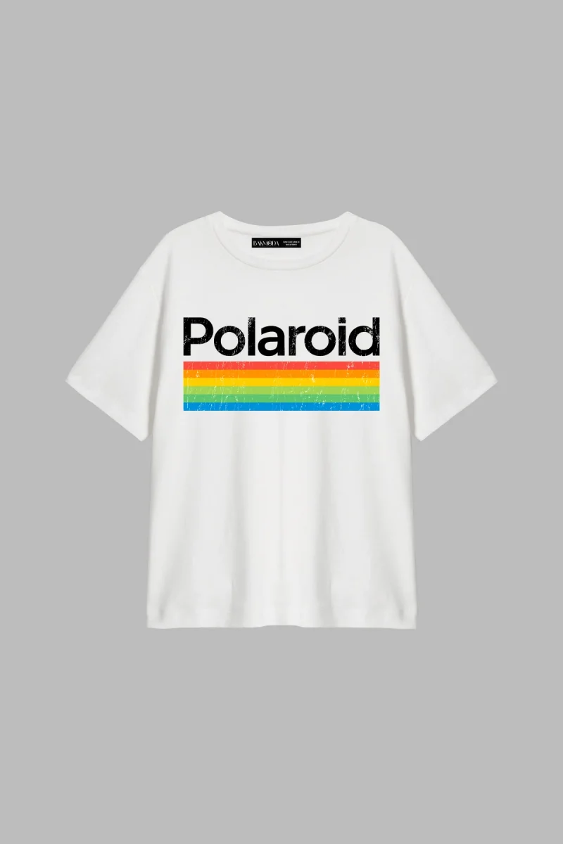 Polaroid Baskılı Relaxed Fit Beyaz Kadın Tshirt