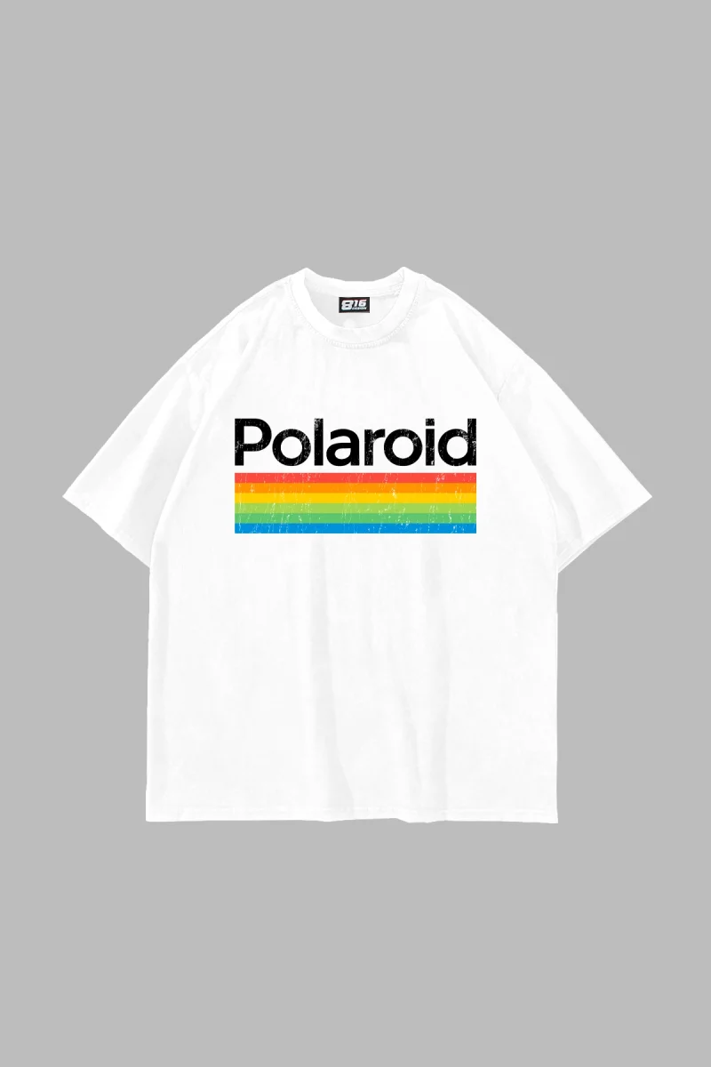 Polaroid Baskılı Oversize Unisex Beyaz Tshirt