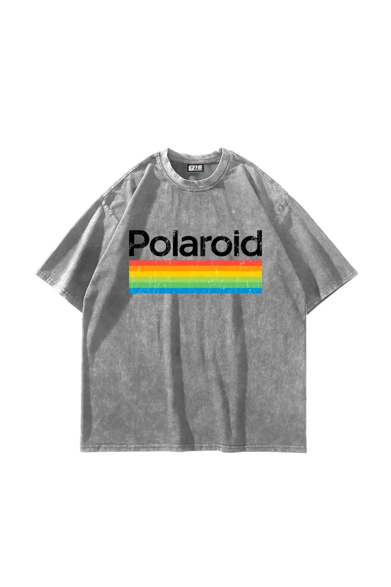 Polaroid Baskılı Oversize Unisex Yıkamalı Beyaz Tshirt