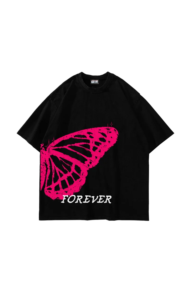 Forever Butterfly Baskılı Oversize Unisex Siyah Tshirt