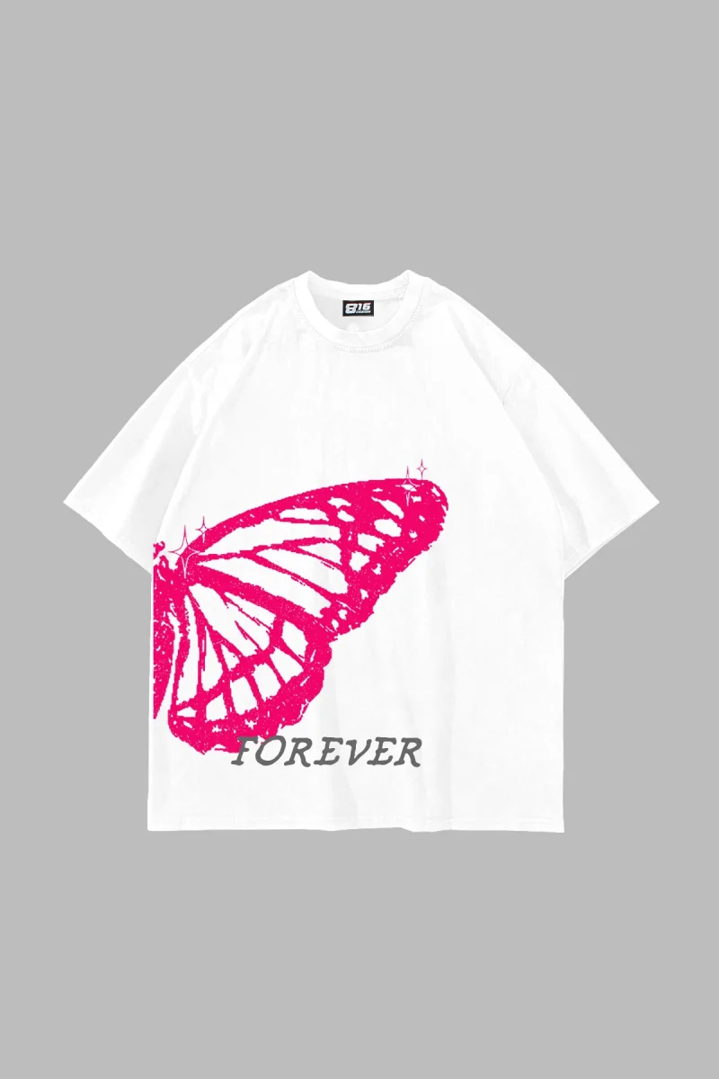 Forever Butterfly Baskılı Oversize Unisex Beyaz Tshirt