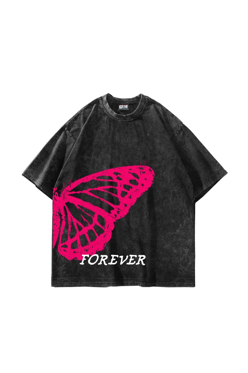 Forever Butterfly Baskılı Oversize Unisex Yıkamalı Siyah Tshirt