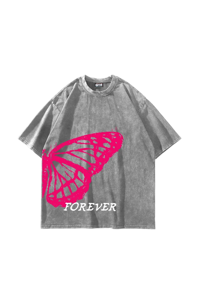Forever Butterfly Baskılı Oversize Unisex Yıkamalı Beyaz Tshirt