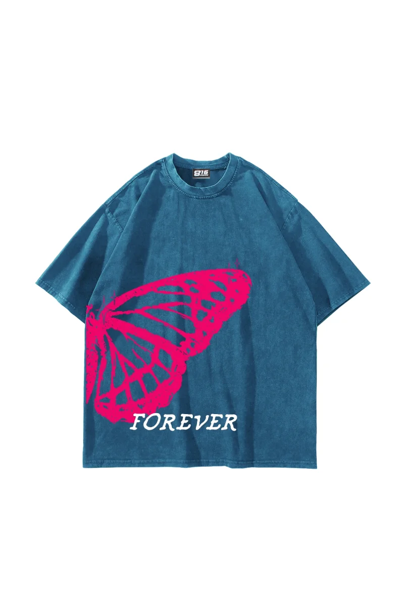 Forever Butterfly Baskılı Oversize Unisex Yıkamalı Mavi Tshirt