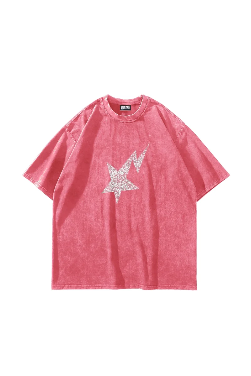 Shining Star Taş Baskılı Oversize Unisex Yıkamalı Pembe Tshirt