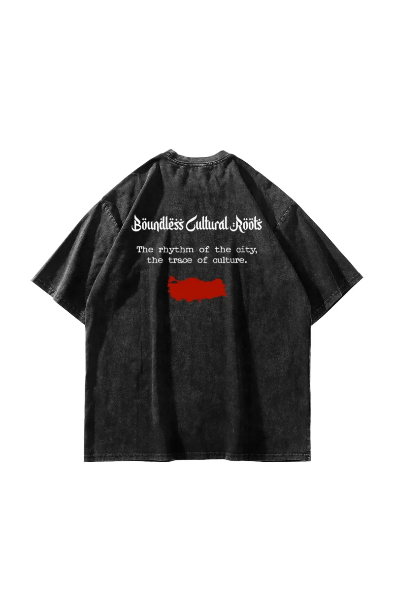 Cultural Roots Baskılı Oversize Unisex Yıkamalı Siyah Tshirt