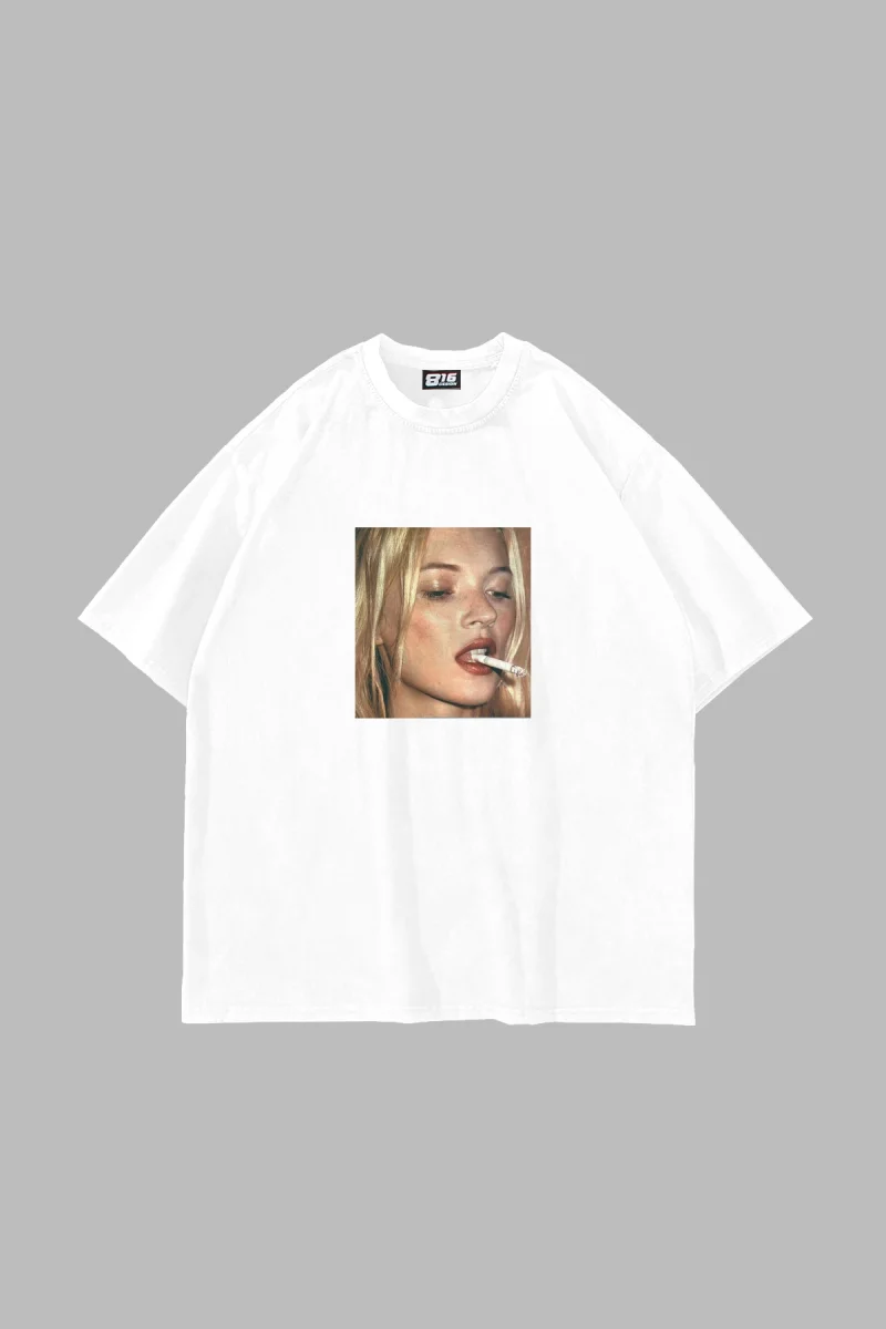 Kate Smokin Baskılı Oversize Unisex Beyaz Tshirt