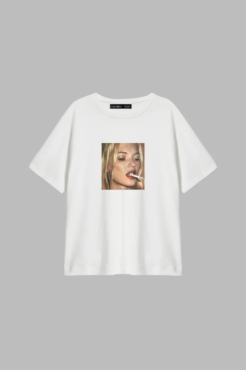 Kate Smokin Baskılı Relaxed Fit Beyaz Kadın Tshirt