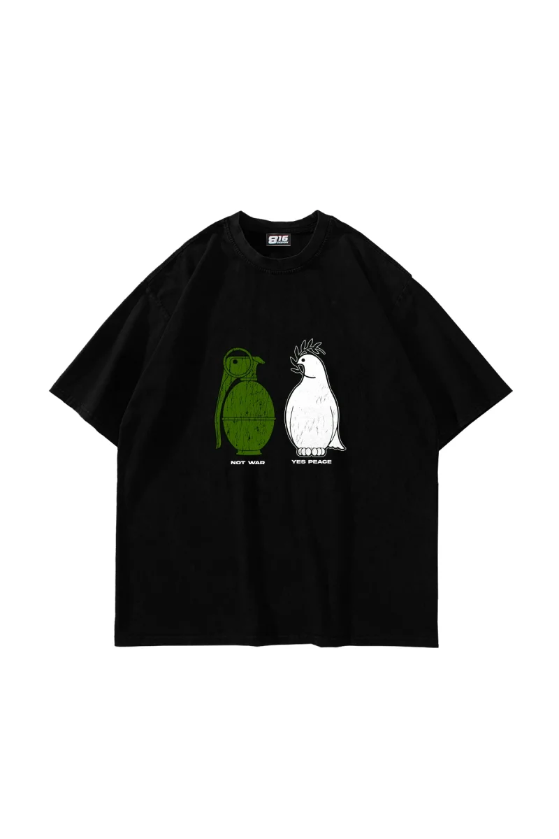 Not War Yes Peace Baskılı Oversize Unisex Siyah Tshirt