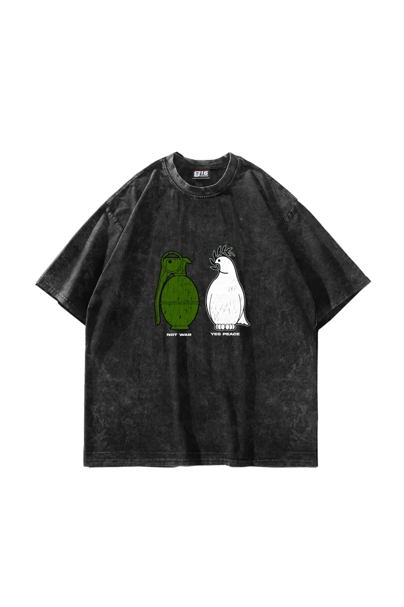 Not War Yes Peace Baskılı Oversize Unisex Yıkamalı Siyah Tshirt