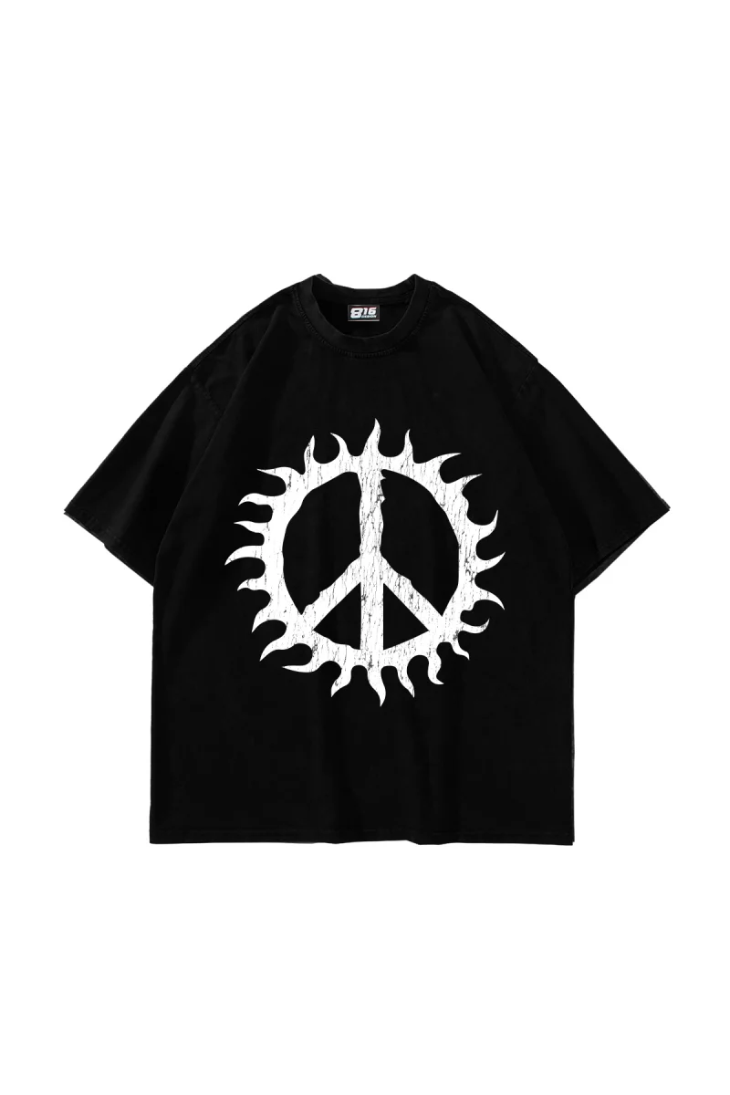 Peace Life Baskılı Oversize Unisex Siyah Tshirt