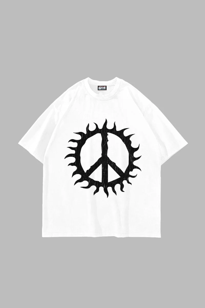 Peace Life Baskılı Oversize Unisex Beyaz Tshirt