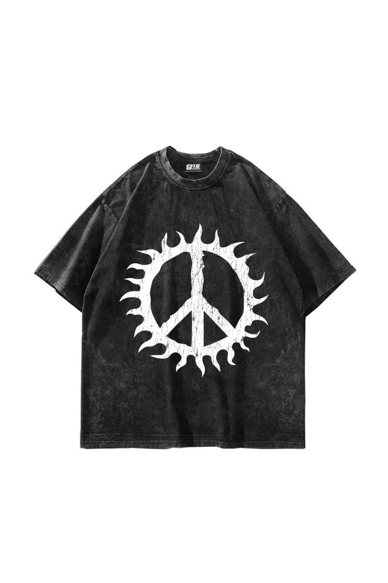 Peace Life Baskılı Oversize Unisex Yıkamalı Siyah Tshirt