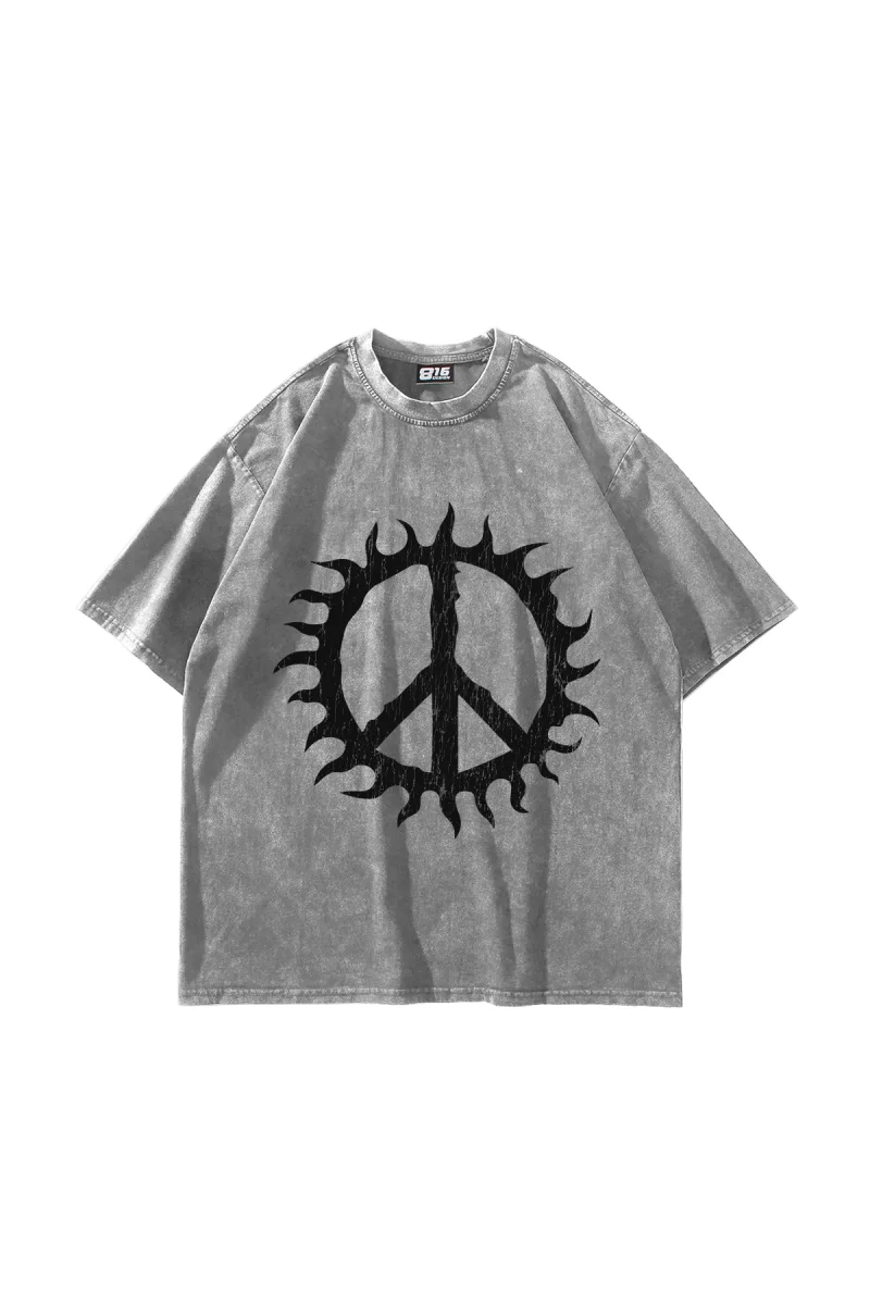 Peace Life Baskılı Oversize Unisex Yıkamalı Beyaz Tshirt