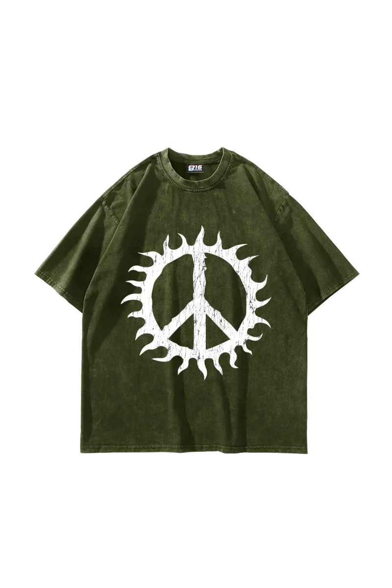 Peace Life Baskılı Oversize Unisex Yıkamalı Yeşil Tshirt